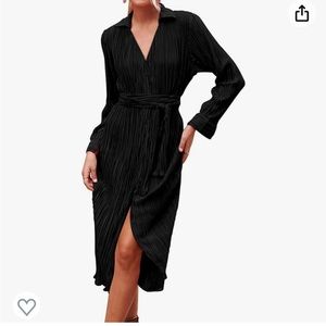 KIRUNDO Button Down Pleated Long Sleeve Midi Shirt Dress